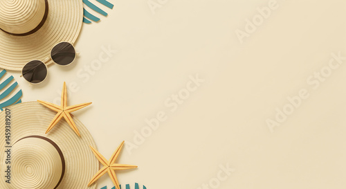 Summer Accessories with Hats, Sunglasses, and Starfish on Beach