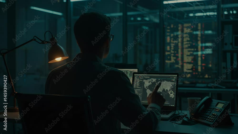 Man Working at Computer Analyzing World Map in Dark Office Man Working at Computer Analyzing World Map in Dark Office
