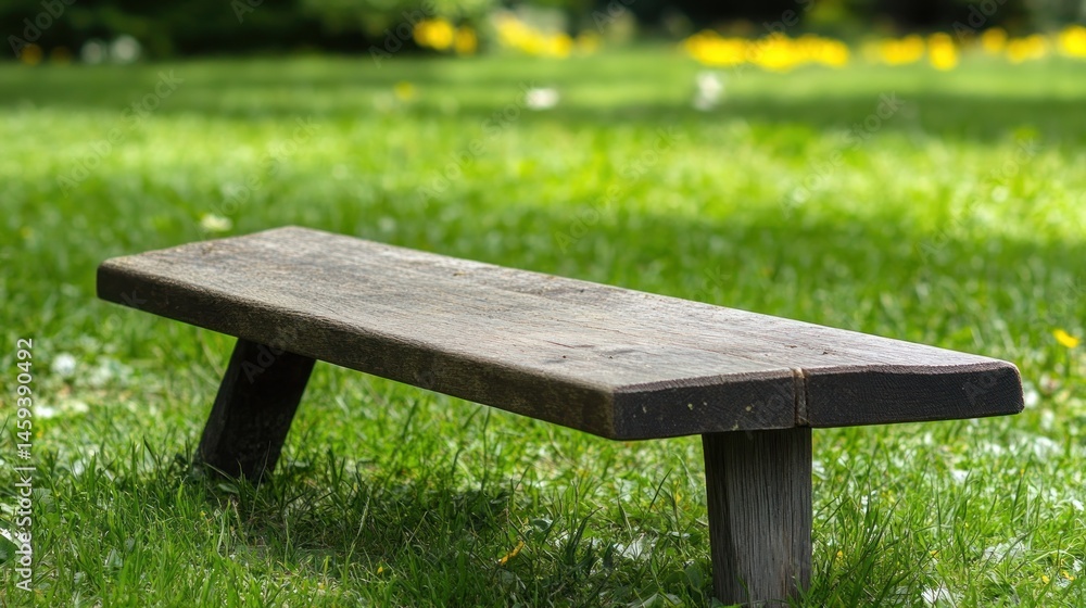 Fototapeta premium Solitude's Embrace: A Rustic Wooden Bench in a Verdant Meadow