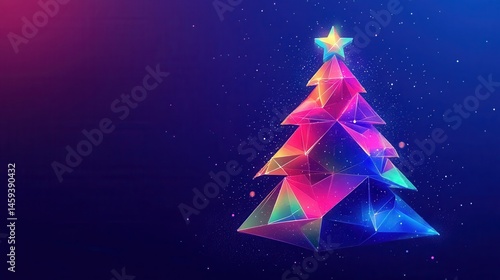 Colorful geometric Christmas tree with star on dark blue background, abstract polygonal holiday design.