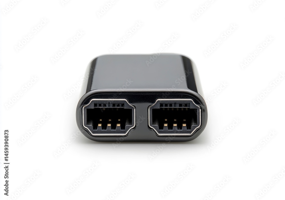 Dual Ethernet Port Adapter: Sleek Black Design, Close-up View Dual Ethernet Port Adapter: Sleek Black Design, Close-up View