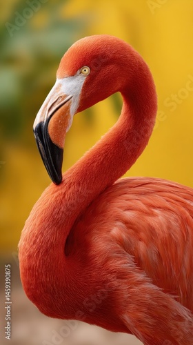 Elegant American Flamingo portrait showcasing its vibrant plumage and distinctive curved beak in soft, diffused light.