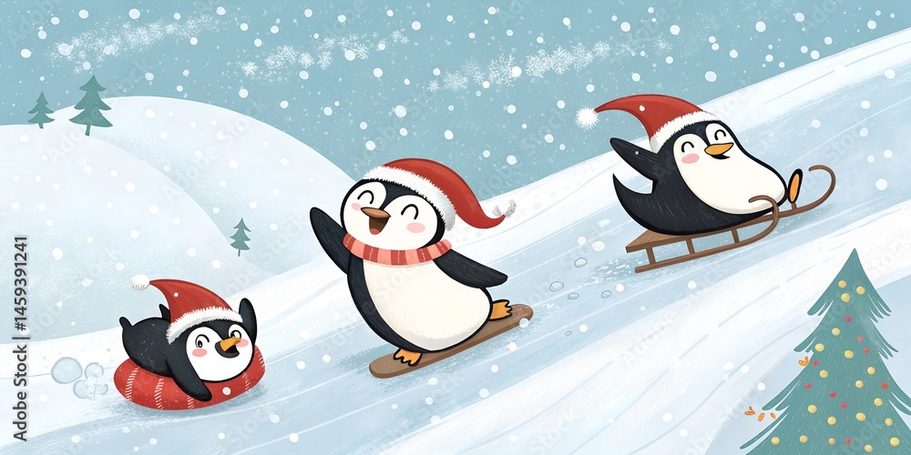 Obraz premium Playful penguins enjoying winter holiday sliding down snowy hills with christmas trees and snowflakes,perfect for festive projects