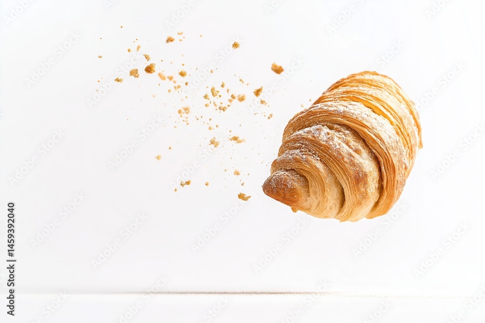 Fototapeta premium Flying croissant with crumbs, on white background. Delicious pastry in motion