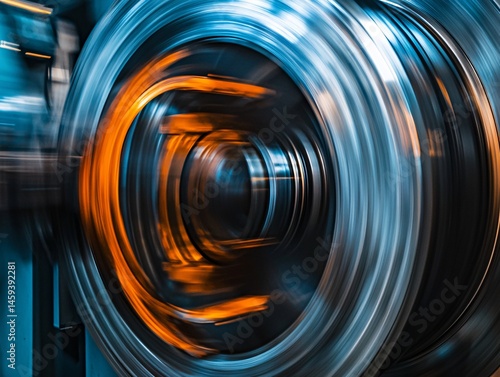 High-speed action of rotating flywheel in industrial setting close-up view dynamic motion concept