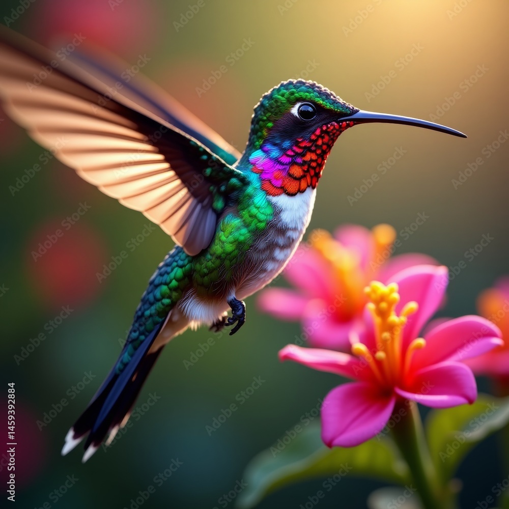 Fototapeta premium Colorful hummingbird hovering near pink flower with yellow center