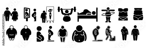 Overweight people icons set. Outline set of overweight people vector icons for web design isolated on white background