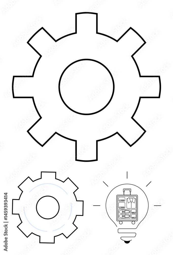 Gear outlines explore engineering and functionality, paired with a light bulb encompassing ideas of innovation, creativity, and problem-solving. Ideal for business, design, mechanics, innovation Gear outlines explore engineering and functionality, paired with a light bulb encompassing ideas of innovation, creativity, and problem-solving. Ideal for business, design, mechanics, innovation