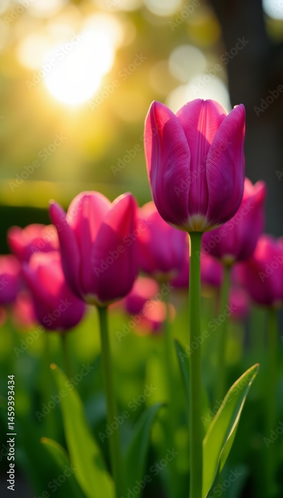 Obraz premium Close up of purple tulip flowers opening up under the sun in botanical garden, close up, park