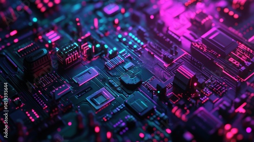 Close up view of a dark circuit board with neon pink and blue futuristic lighting, digital technology concept.