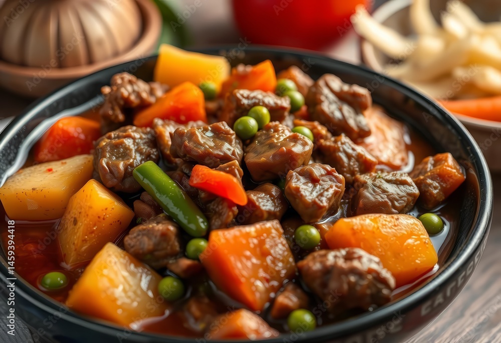 Close-up of savory Asian beef stew with potatoes, peppers, peas, carrots, and tomatoes on a table, food photography, stew Close-up of savory Asian beef stew with potatoes, peppers, peas, carrots, and tomatoes on a table, food photography, stew