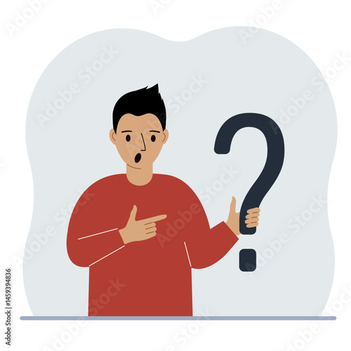 A man is holding a question mark symbol. Ask questions and look for answers. FAQ or frequently asked questions concept, online support center. Vector flat illustration.
