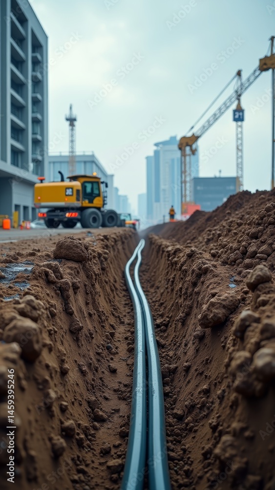 Obraz premium Construction site with trenches for laying pipes