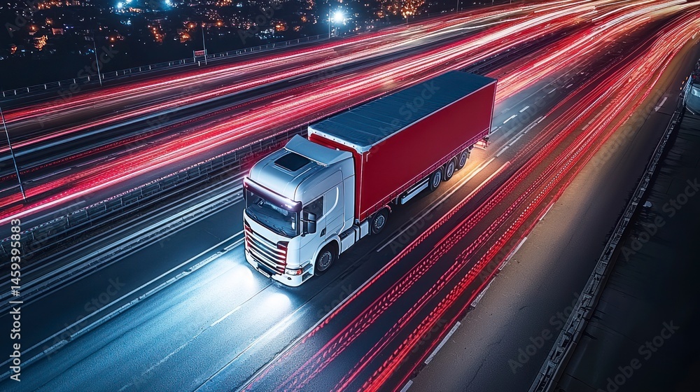 Fototapeta premium Truck with red cargo moves fast at night on highway