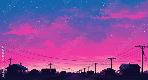 Synthwave Sky Over Small Town