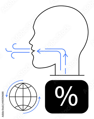 Human head profile emphasizing airflow and respiration, globe with circular arrows, and percentage figure. Ideal for science, health, environment, data, education, sustainability flat simple