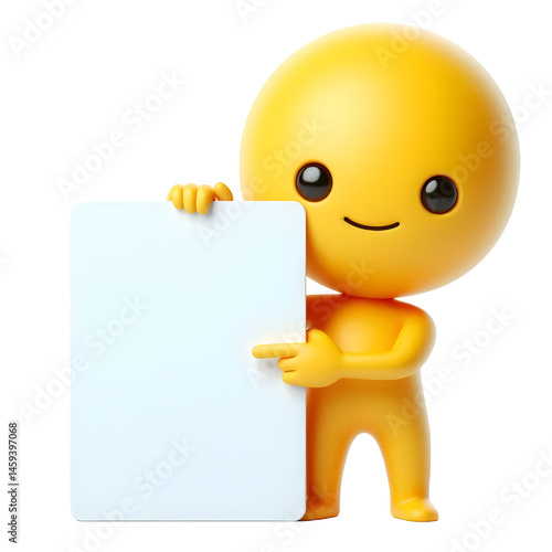 Cute yellow man 3d holding blank card isolated on white background
