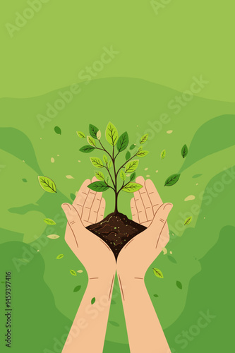 Hands holding a small growing plant surrounded by leaves in a green setting for eco-awareness concept