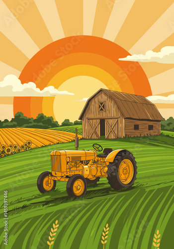 Vintage tractor on a sunny farm landscape with a barn and fields for agriculture and rural life concept copy space