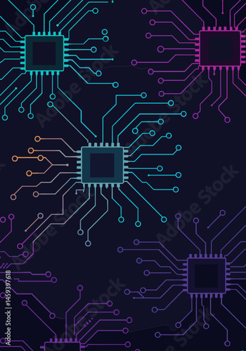 Vibrant circuit board graphics on a dark background for technology concept