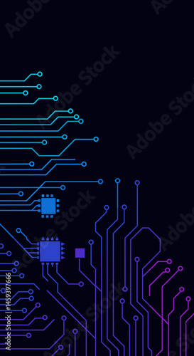 Abstract circuit board design with microchips on a dark background and copy space for technology concept