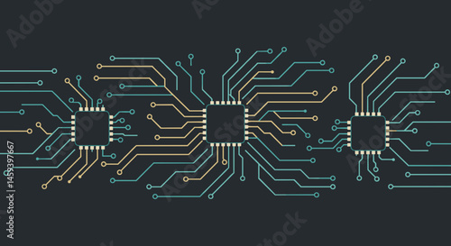 Three microchips connected with colorful circuitry on a dark background and copy space for technology concept