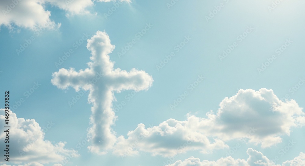 Fototapeta premium A cross shaped cloud formation in a bright blue sky with other clouds scattered around it above