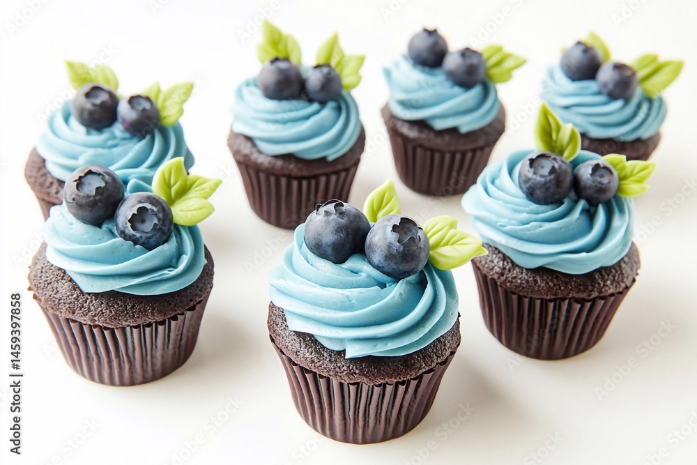 Blueberry and chocolate cupcakes with blue frosting, on a white background, food photography. Blueberries are placed on top of the cream for decoration, with green leaves. Each cupcake contains a blu
Blueberry and chocolate cupcakes with blue frosting, on a white background, food photography. Blueberries are placed on top of the cream for decoration, with green leaves. Each cupcake contains a blu