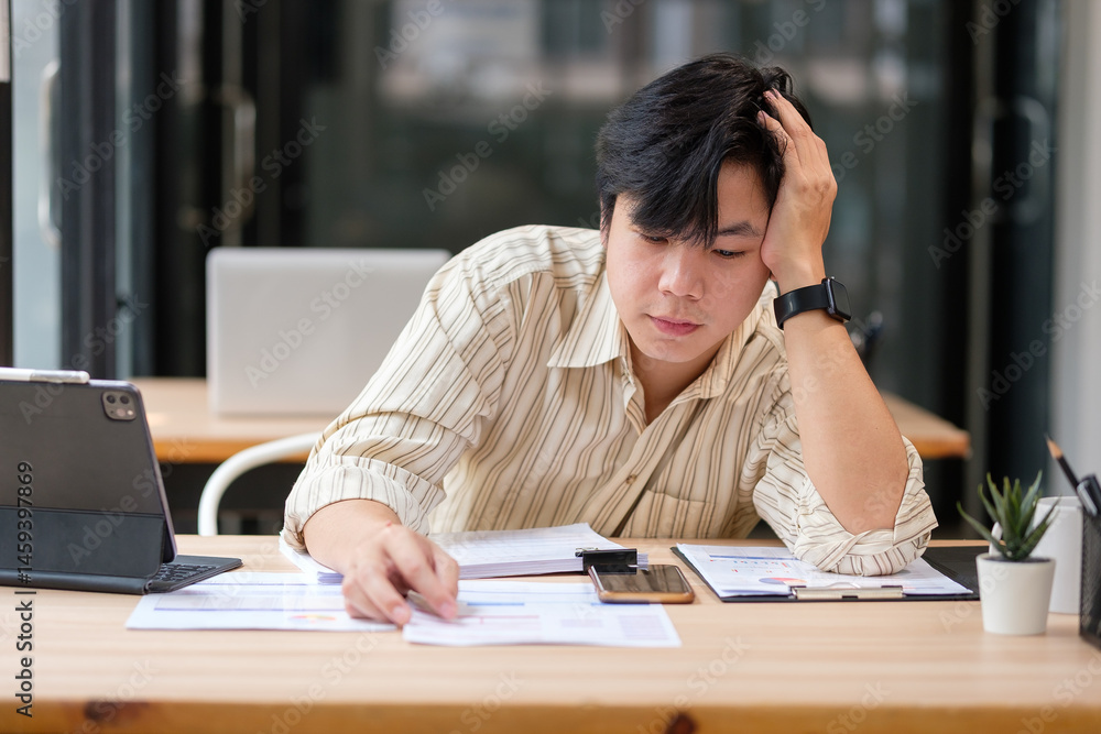 Overwhelmed businessman appears stressed while reviewing charts and documents at his desk. Overwhelmed businessman appears stressed while reviewing charts and documents at his desk.