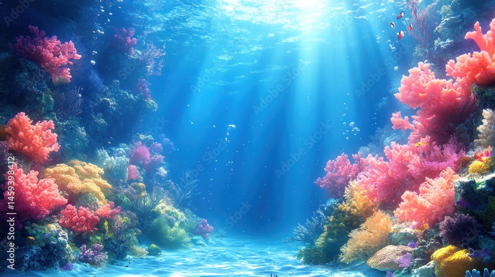 Naklejka premium Vibrant coral reef underwater scene with sunbeams.