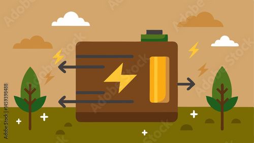 Rechargeable Battery Pack A compact rechargeable battery pack with arrows depicting energy flow p on a wooden surface adorned with natural décor.