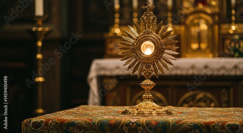 Golden monstrance with host on patterned cloth in church with altar and candles in the background