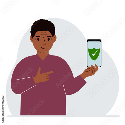 A man holds in his hand a mobile phone on which antivirus software is installed. Vector flat illustration