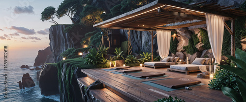 Luxury outdoor wellness area with yoga mats overlooking ocean sunset view