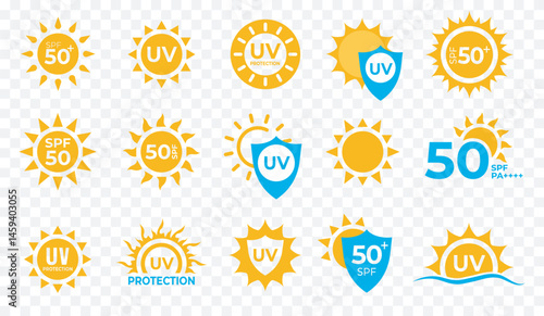 UV protection icon set. UV radiation icon. Ultraviolet symbol. Sun uv protection icons. Vector pictogram of sunscreen spf. Skincare illustration, sign for cosmetics packaging. Sunscreen label element