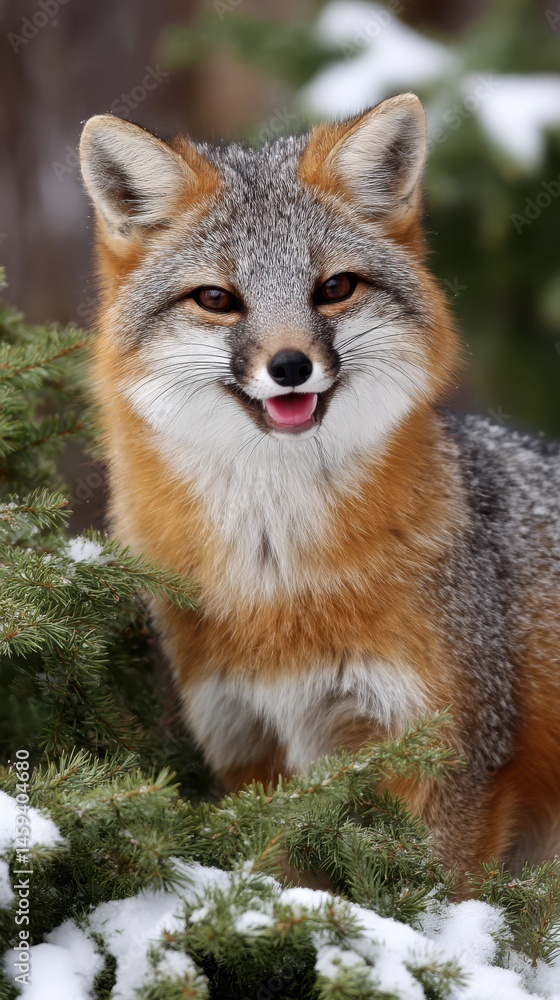 Fototapeta premium Gray Fox Portrait in Winter with Snow and Evergreen Foliage, Facing Forward