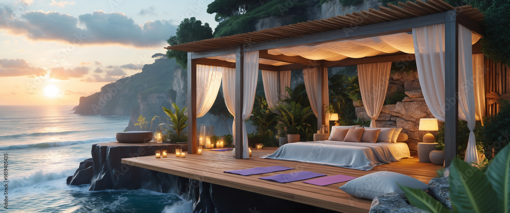 Fototapeta premium Romantic seaside bedroom with bed and sunlit canopy and sunset views