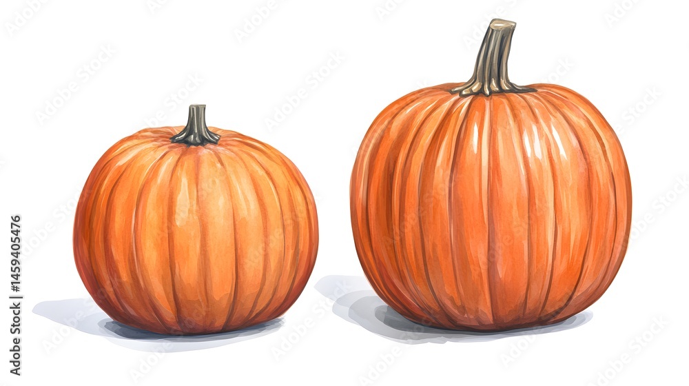 Obraz premium Two pumpkins of varying sizes, depicted in detailed illustration.