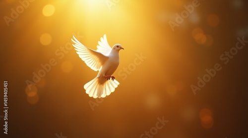 A white dove flying in a bright golden light with its wings spread wide open in the golden sunlight