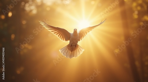 A white dove flying towards the light with its wings spread wide in a golden and bright environment