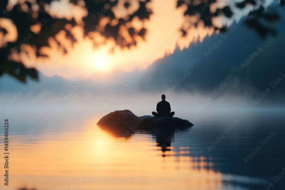 Meditating on lake at sunrise Meditating on lake at sunrise