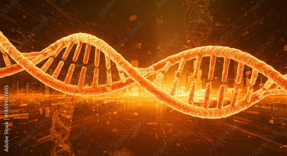 Fototapeta premium Genetic Code Art: Orange and Gold Helix - Futuristic DNA double helix, innovation, technology, genetic engineering, scientific breakthrough. Symbolizing life, science, code, future, progress