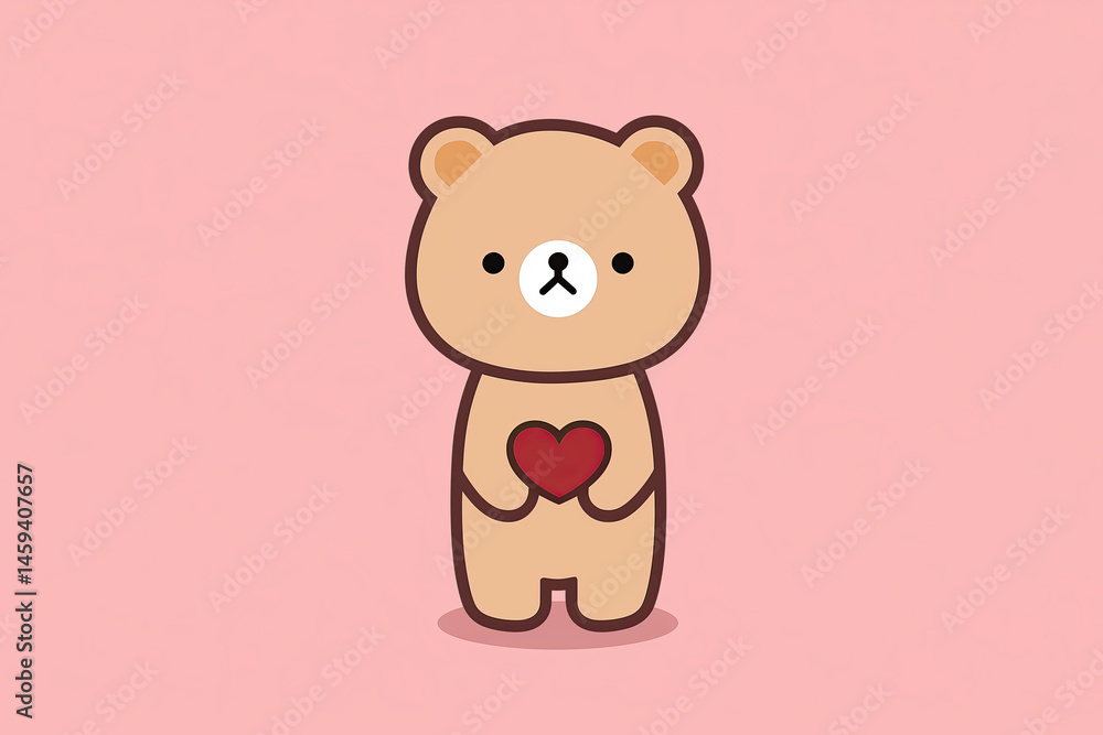 Obraz premium Cute brown cartoon bear embracing a red love heart on pink background with copy space
