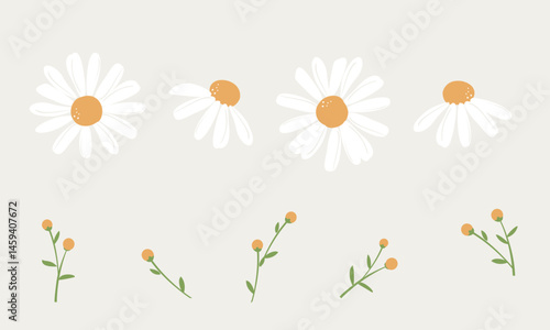 Daisy icons and yellow flower with green branches icon set on grey background vector.