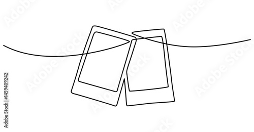 Polaroid photo line art. Line drawing of two polaroid pictures hanging on a string. Continuous one line drawing. Vector illustration with EDITABLE stroke. Isolated on transparent background.