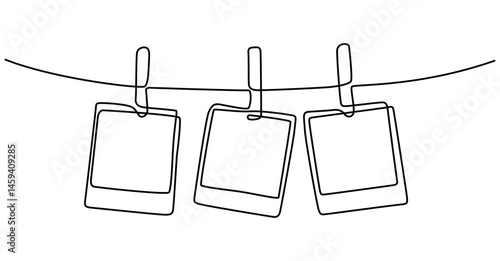 Polaroid photo line art. Line drawing of three polaroid pictures hanging on a string. Continuous one line drawing. Vector illustration with EDITABLE stroke. Isolated on transparent background.