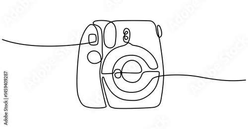 Polaroid camera line art. Line drawing of instant camera. Continuous one line drawing. Vector illustration with EDITABLE stroke. Isolated on transparent background.