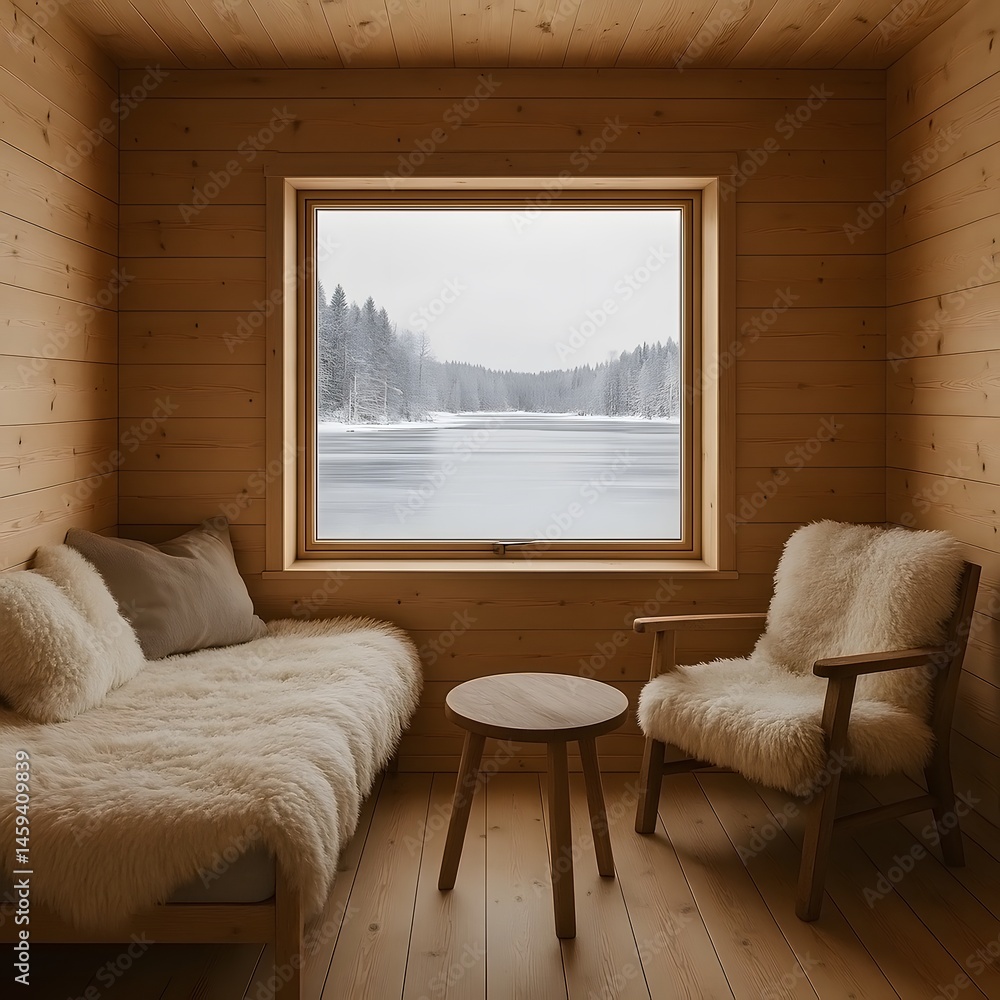 Fototapeta premium Cozy winter cabin interior featuring a window view of a snowy landscape comfortably designed home with natural wooden elements and soft fur accents