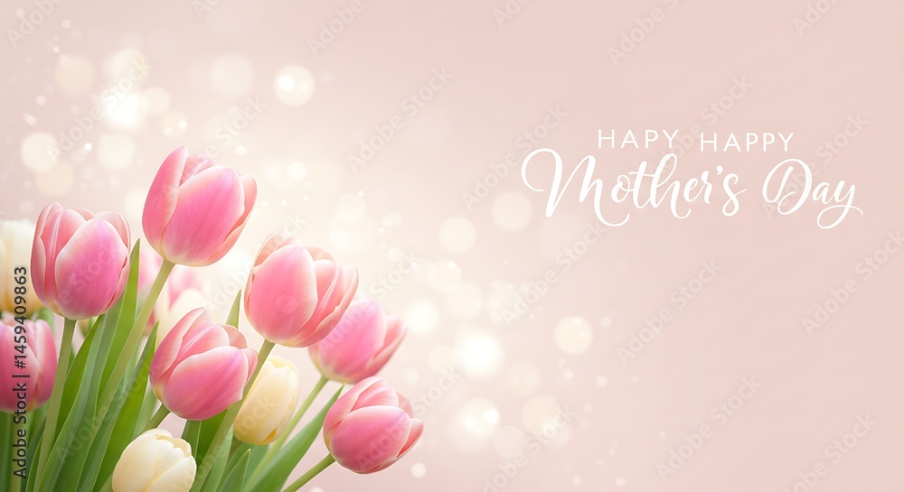 Soft Glow Mother's Day Banner with Pink Tulips and Light Effects