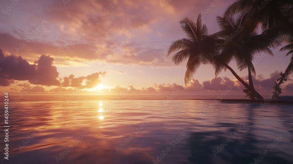 Serene sunset over tranquil ocean palm trees silhouette warm golden hues reflect on calm water Serene sunset over tranquil ocean palm trees silhouette warm golden hues reflect on calm water